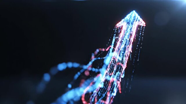 Digital data stream forms upward pointing arrow with binary code