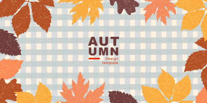 Autumn background banner with textured fall leaves on a blue gingham plaid pattern. Horizontal vector template for Thanksgiving header, autumn sale banner, or seasonal poster.