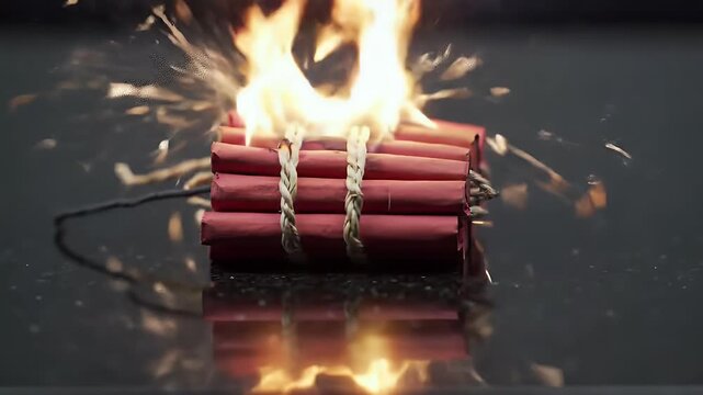 Bundle of red firecrackers igniting with bright flames and sparks