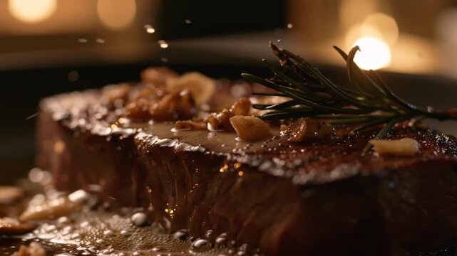 Pouring Sauce on Juicy Ribeye Steak Sizzling in Skillet with Fried Garlic and Rosemary in Slow Motion