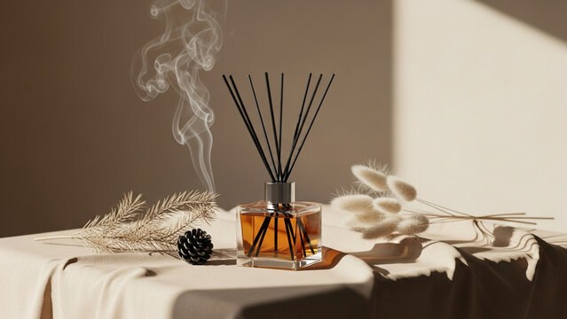 Aromatic glass reed diffuser bottle with black sticks releasing gentle fragrant smoke wisps near decorative dried pine cones and soft fluffy plants on a fabric surface during a sunny afternoon