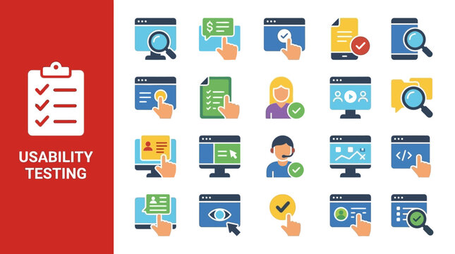 Software usability testing and interface analysis icon collection