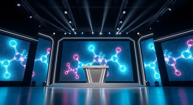 Modern virtual studio stage with glowing molecular structure graphics.