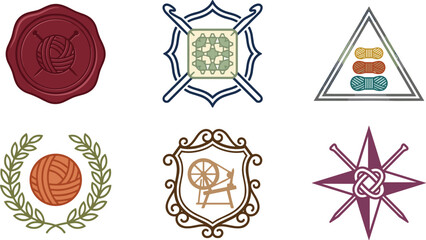 Fototapeta premium Elegant Premium Knitting and Craft Emblem Set with Wax Seal, Granny Square, Triangle Thread Stack, Laurel Wreath, Spinning Wheel Shield, and Compass Star Logos
