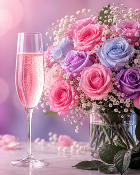 Beautiful bouquet of pastel roses and a glass of pink sparkling wine