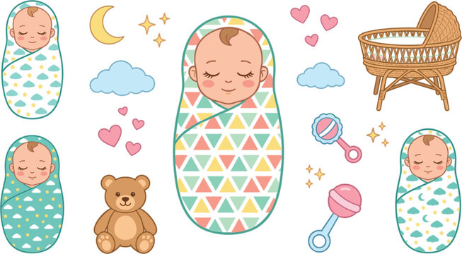 Cute swaddled newborn baby vector set with wicker cradle teddy bear rattle toy cloud and heart nursery elements