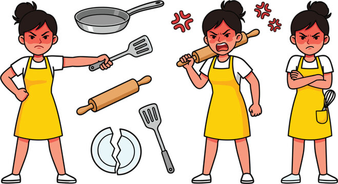 Angry chef woman cartoon character vector set featuring mad housewife variants with frying pan rolling pin and broken plate