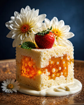 Square sponge cake with strawberry and flowers on a dark surface