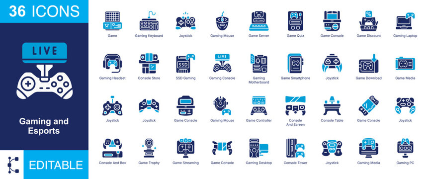 Gaming and Esports solid icon set. Includes symbols for Joystick, Game Console, Controller, Arcade, VR Headset, and Player Level. Solid vector illustration