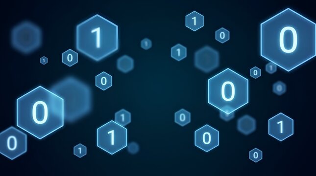 Floating blue hexagonal with binary digits zero and one inside on a dark background, representing digital data, and computer code