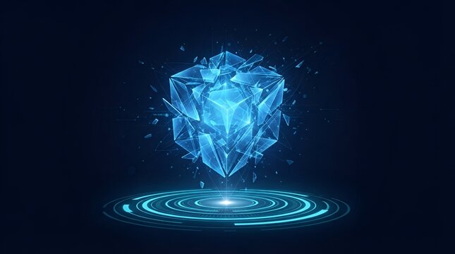 Glowing blue digital cube shattering into geometric fragments with circular light rings on a dark background, for technology concepts