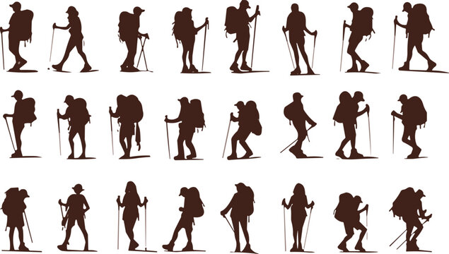 Hiking silhouettes collection diverse poses of backpackers with trekking poles