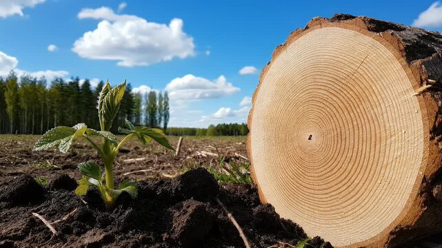 A new seedling grows in the foreground next to a cut log