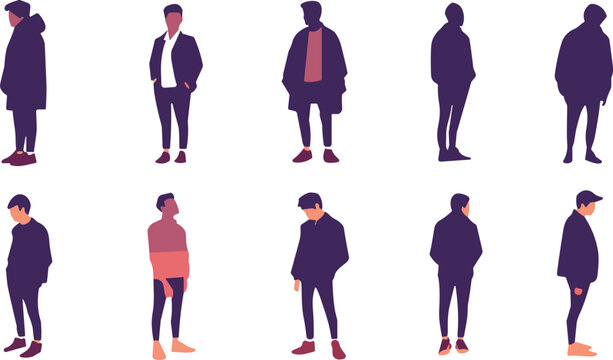 Diverse group of men silhouettes modern style and fashion illustration
