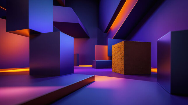 Abstract 3d blocks in a dark room with glowing neon orange purple light