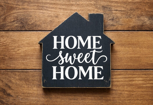 Charming wooden houseshaped sign with home sweet home text on rustic background