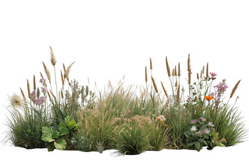 Fototapeta premium Decorative garden border with various ornamental grasses, wildflowers, and green foliage on transparent background