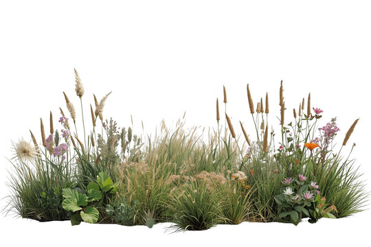 Decorative garden border with various ornamental grasses, wildflowers, and green foliage on transparent background