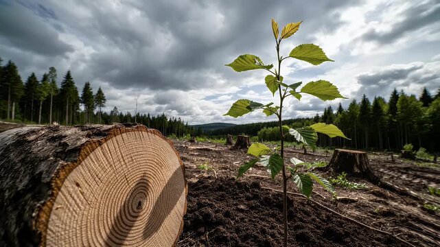 Young sapling growing in deforested area with stormy skies