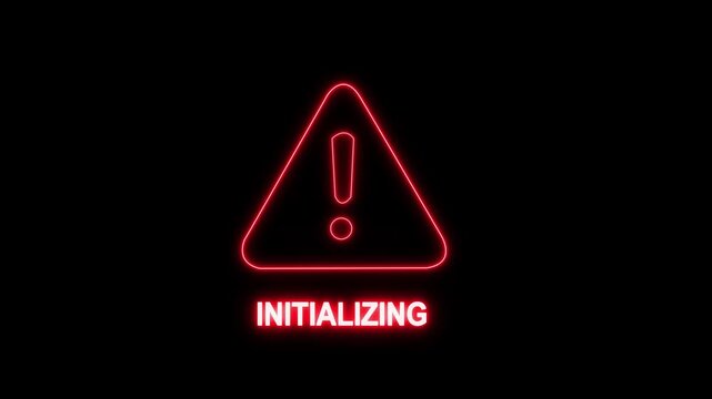 Neon red warning sign initializing animation, digital alert symbol for cybersecurity, system error, and technology interface background