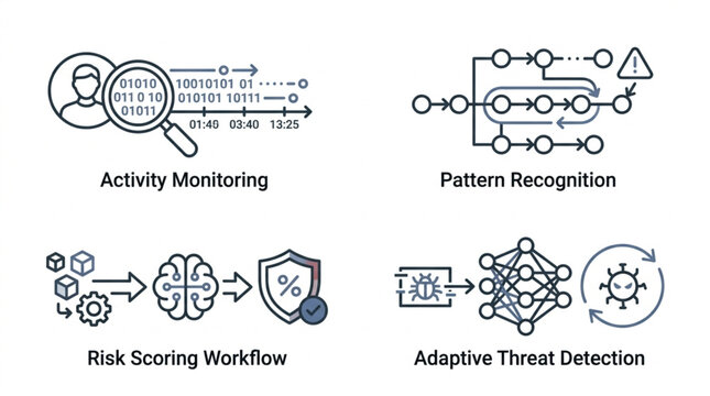 Cybersecurity concepts and threat detection workflow illustrations.