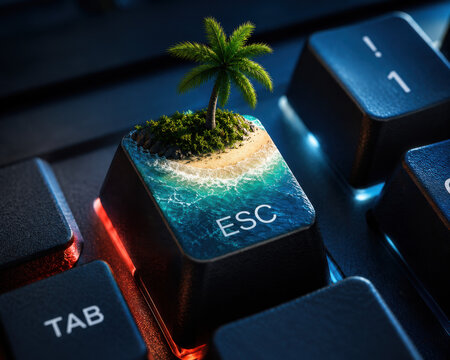 Small tropical island with palm tree on a computer keyboard escape key
