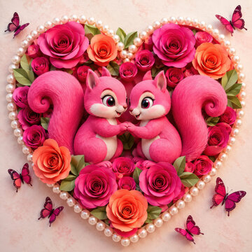 Two cute pink squirrels inside a heart shape made of colorful flowers