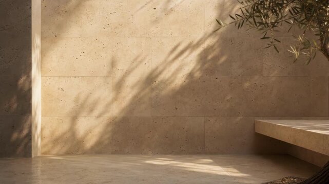 Sunlight casts shadows of olive tree branches on a textured stone wall