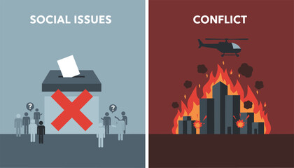 Obraz premium Comparative graphic showing social issues with a rejected voting ballot and conflict depicting a burning city under helicopter attack.