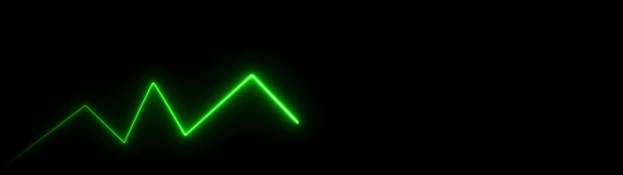 Glowing green neon line graph rising on black background, financial growth and data analysis concept