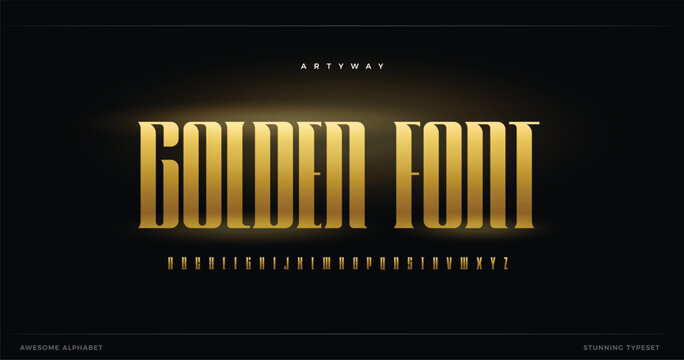 Golden font with complete alphabet set on a dark background luxury typography design