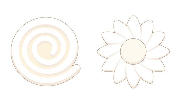 Flat vector illustration of top views of a spiral whipped cream roll and a star-shaped cream dollop on a white background.