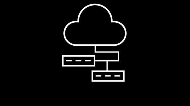 Minimalist cloud computing network diagram animation, digital data infrastructure concept, white line on black background, for tech presentations
