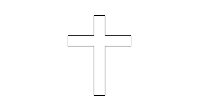 Minimalist christian cross symbol animation, simple black outline religious on white background religion