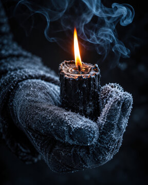 Person wearing frozen gloves holding a burning black candle in dark