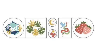 Fototapeta premium Minimalist bohemian art prints set featuring sea life, tropical leaves, moon phase, snake, and strawberries.