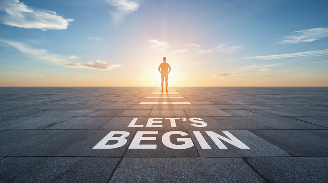 let s begin sign at starting line of path leading to bright horizon confident person standing journey start opportunity progress new beginning inspirational modern aesthetic ample copy space soft natu