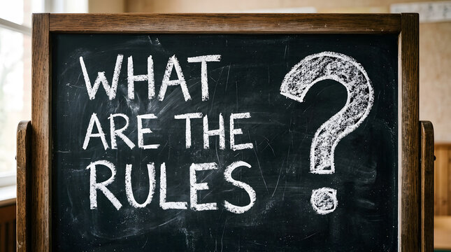 Wooden chalkboard asking what are the rules with large question mark with displays wooden framed written white chalk chalkboard text handwritten