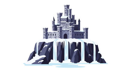 Medieval castle standing on a snowy cliff with waterfalls © kamil