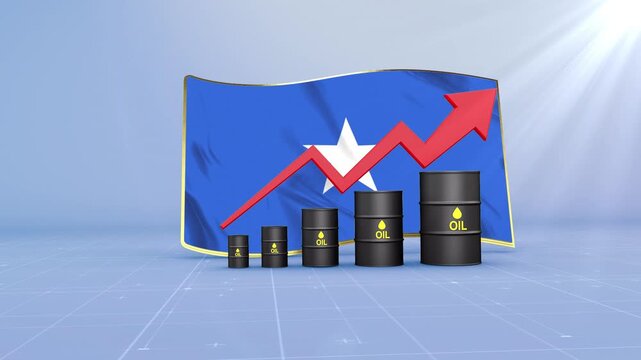 Somalia Oil Price Rising with Oil Barrels Upward Red Arrow and 3D Financial Data Visualization Graphs for Economy and Business Concept