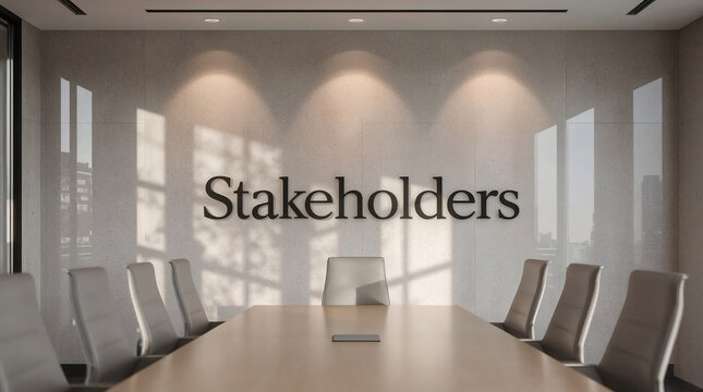 modern conference room with stakeholders sign minimalist corporate business meeting elegant office interior crisp natural light shallow depth of field professional collaboration earthy muted tones