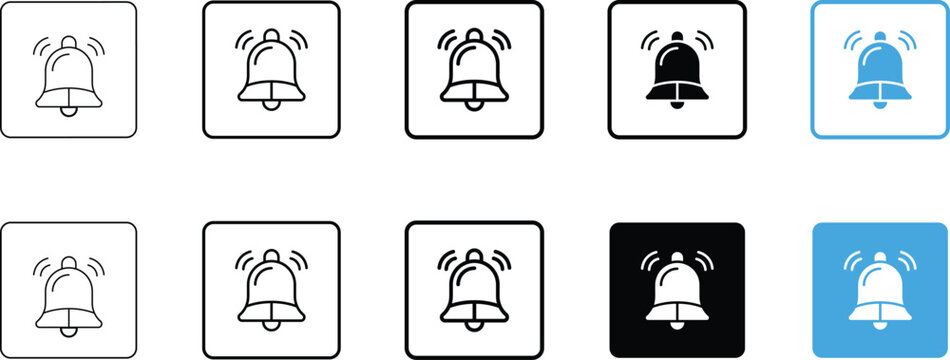 Notification Bell Icon Set, Alert Bell Symbols, Ringing Notification Icons, Reminder Alarm UI Collection, Message Alert Vector Icons Isolated on White Background