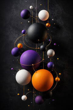 Abstract composition of floating spheres in purple orange black and white