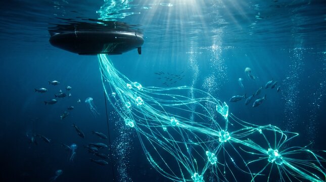 Highlights geo-engineering and ocean carbon sequestration. A high-tech oceanic monitoring buoy floating in deep ocean waters