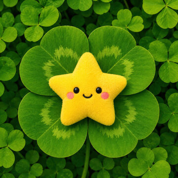 Cute yellow star character resting on a green four leaf clover