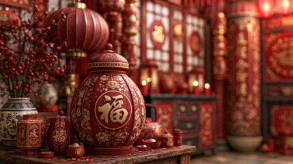 Fototapeta premium Intricately decorated red ceramic jar with Chinese calligraphy surrounded by traditional lanterns and ornamental items in richly adorned cultural setting