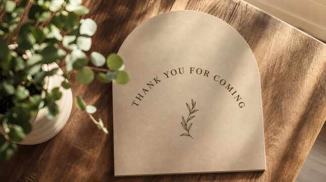 elegant minimalist thank you for coming sign with warm earthy tones and soft natural light on a wooden table sophisticated gratitude greeting card photography serif font curved text green potted plant