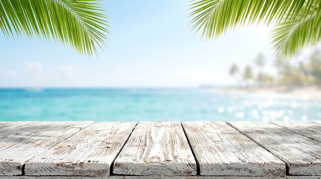 Empty white wooden table top with palm leaves over blurred tropical sea background for summer product mockup design.