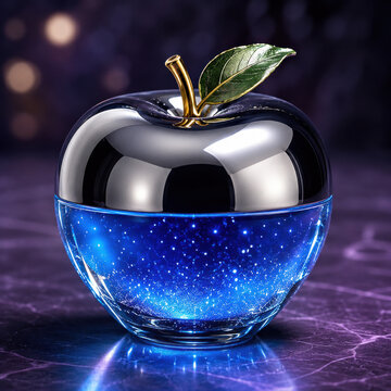 Shiny blue glass apple decoration with a metallic top on a dark background