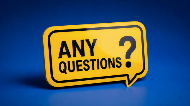 bold yellow any questions sign with questioning concept vibrant blue background modern sans serif font eye catching high resolution minimalist design professional business communication image